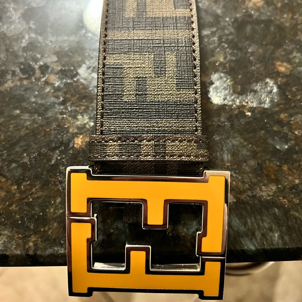 FENDI “FF” Logo Brown Leather Belt Silver with Yellow Mustard “FF” Buckle